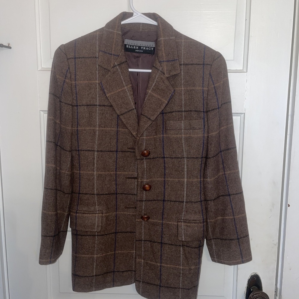 linda allard ellen tracy jacket‎ 2 Wool Cashmere Blend Brown Plaid Wood Buttons